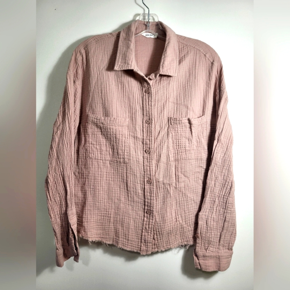 Mod Red dusty pink textured button down women's L #2305